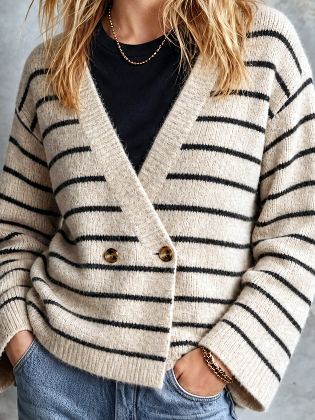 Chic Elegant Oatmeal-Black Stripes V-Neck Long-Flare-Sleeve Double-Breasted Loose-Fit Wool Blend Knit Cardigan