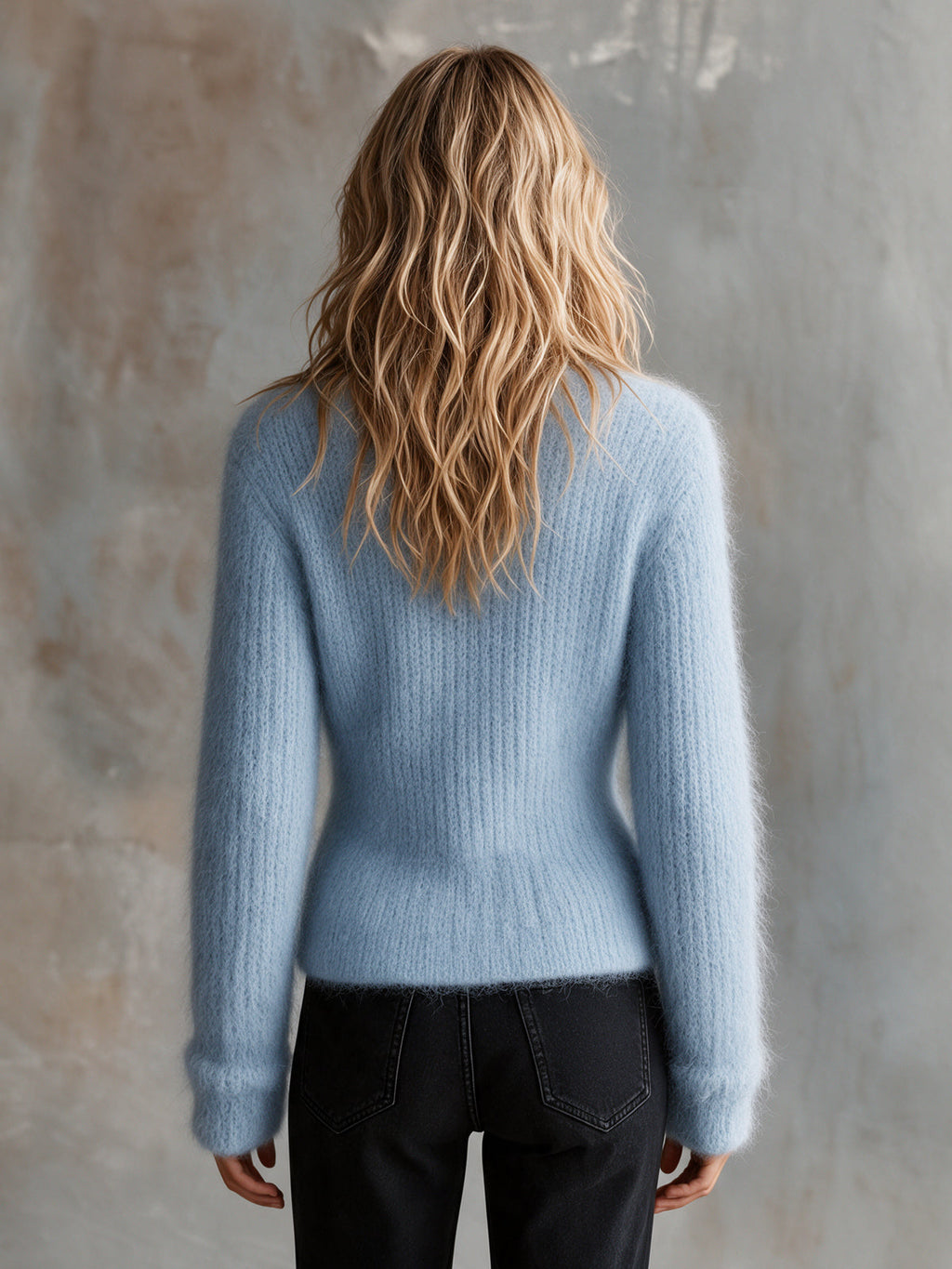 Chic Elegant Light Blue V-Neck Long-Sleeve Single-Breasted Soft Mohair Blend Knit Cardigan