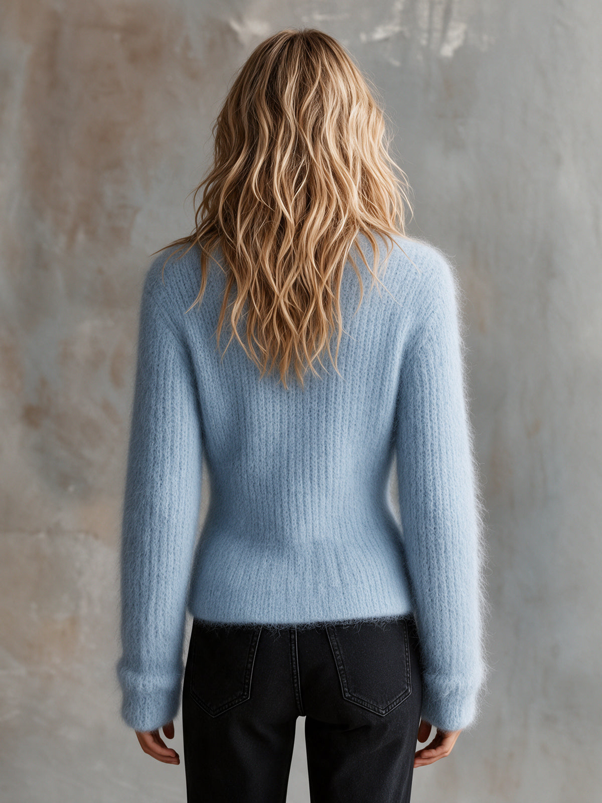 Chic Elegant Light Blue V-Neck Long-Sleeve Single-Breasted Soft Mohair Blend Knit Cardigan