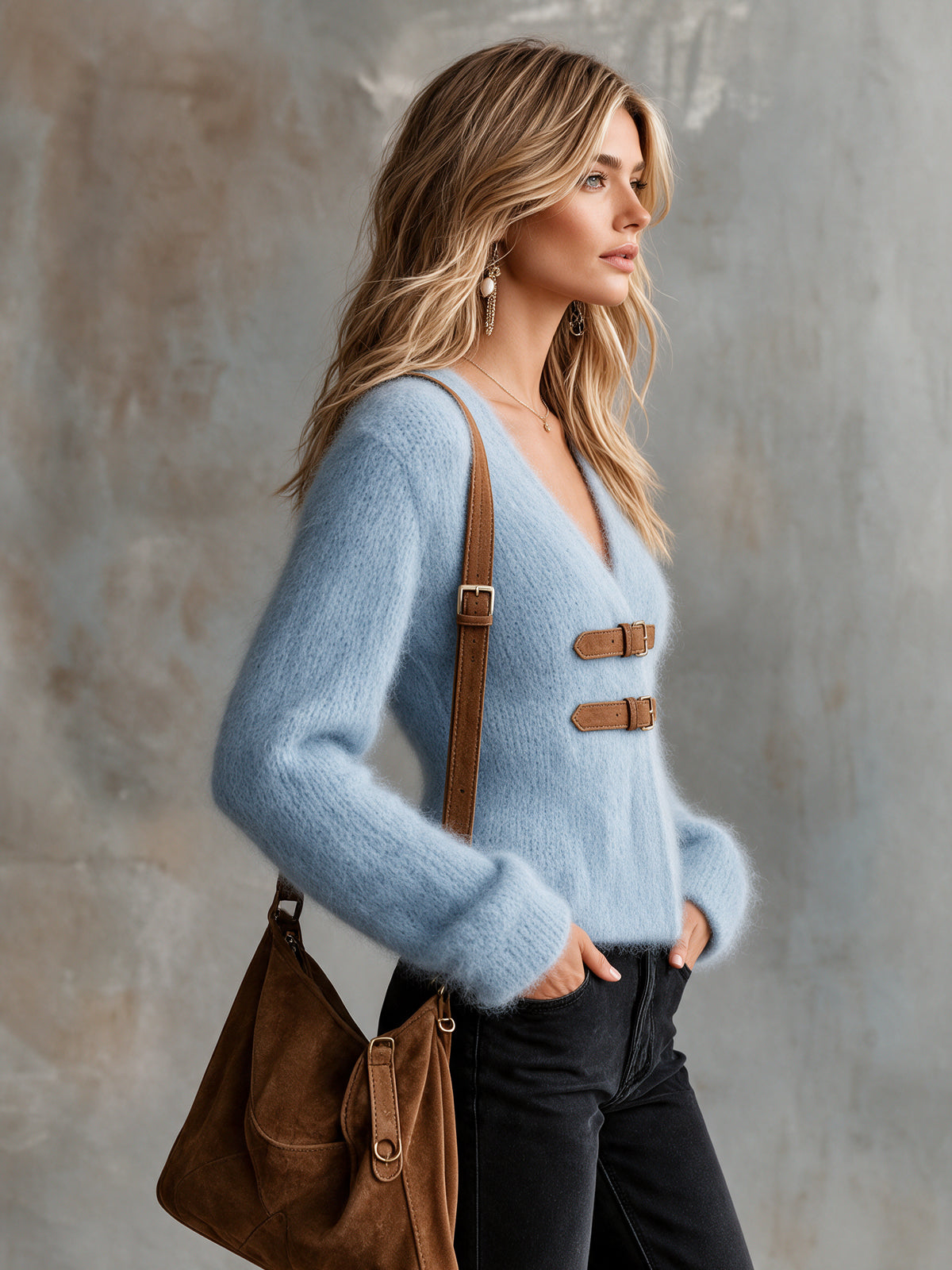 Chic Elegant Light Blue V-Neck Long-Sleeve Single-Breasted Soft Mohair Blend Knit Cardigan