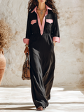 Resort-style Collared Long-sleeved Color-blocked Maxi Dress