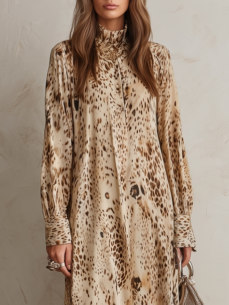 Desert Wander Beige Leopard Print Fringe Hem Midi Dress