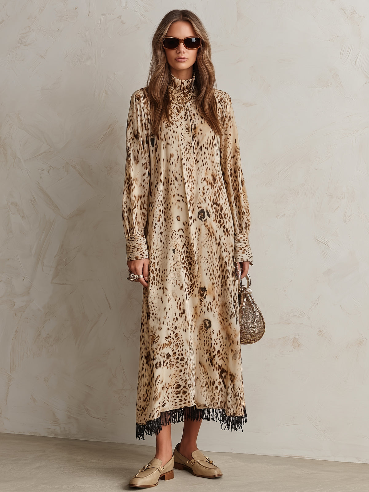 Desert Wander Beige Leopard Print Fringe Hem Midi Dress