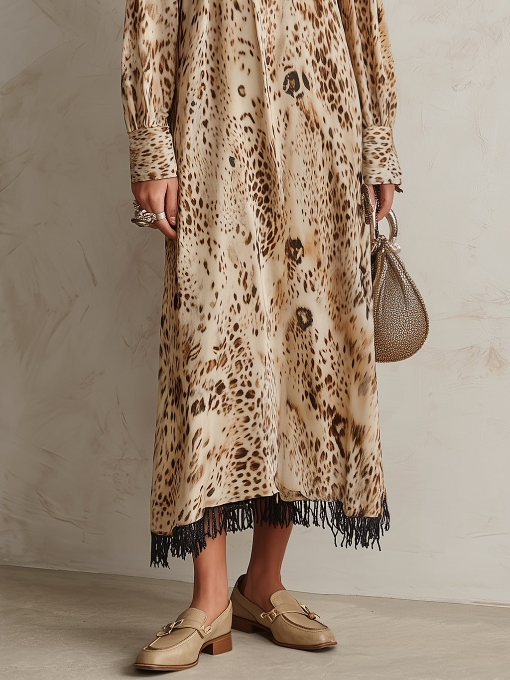 Desert Wander Beige Leopard Print Fringe Hem Midi Dress