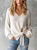 Chic Elegant Cream White V-Neck Long-Sleeve Slit Detail Self-Tie Loose-Fit Lightweight Wool Blend Knit Sweater