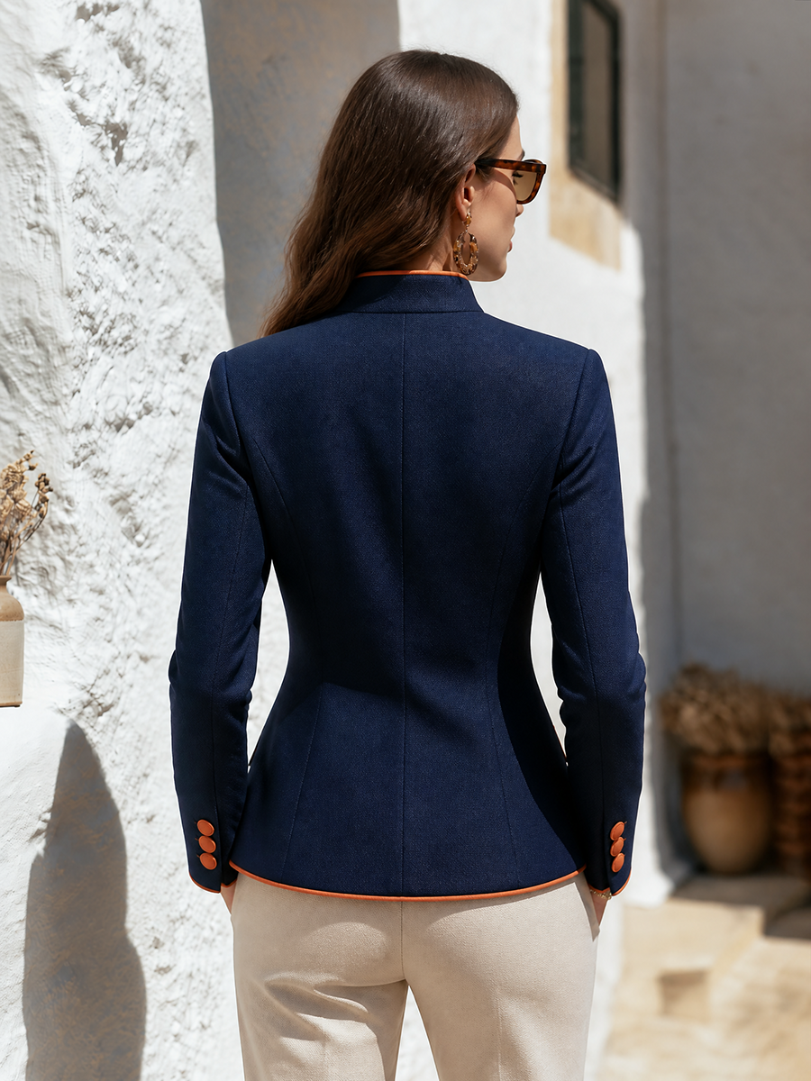 Navy And Orange Contrast Piping Stand Collar Single-Breasted Nipped-Waist Retro Military Style Jacket