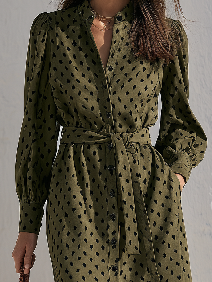 Olive Green Faux Suede Leaf Print Button-Down Puff Sleeve Tie-Waist Front Slit Retro Shirt Holiday Midi Dress