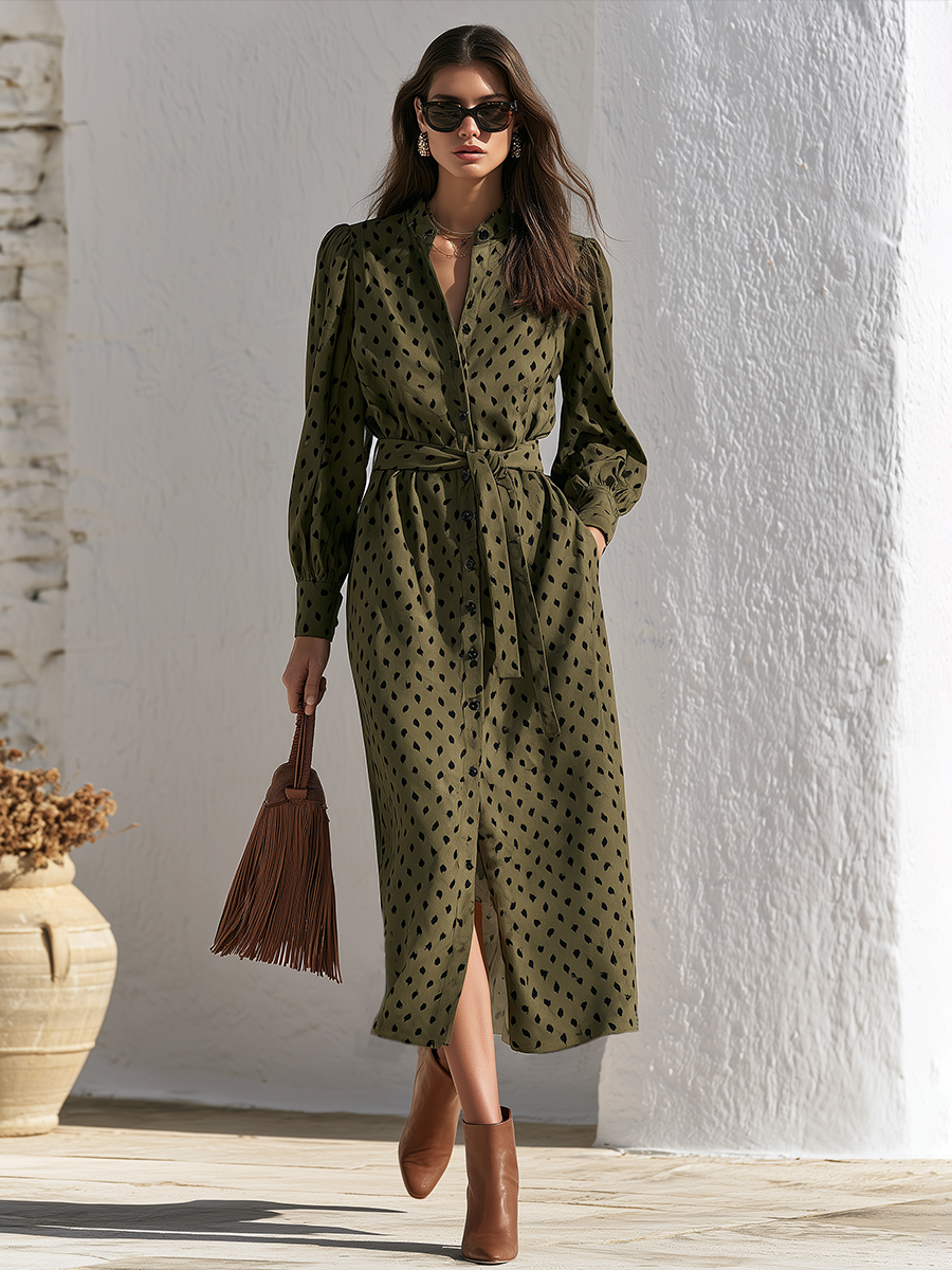 Olive Green Faux Suede Leaf Print Button-Down Puff Sleeve Tie-Waist Front Slit Retro Shirt Holiday Midi Dress