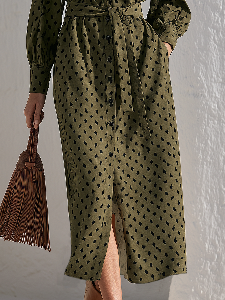 Olive Green Faux Suede Leaf Print Button-Down Puff Sleeve Tie-Waist Front Slit Retro Shirt Holiday Midi Dress