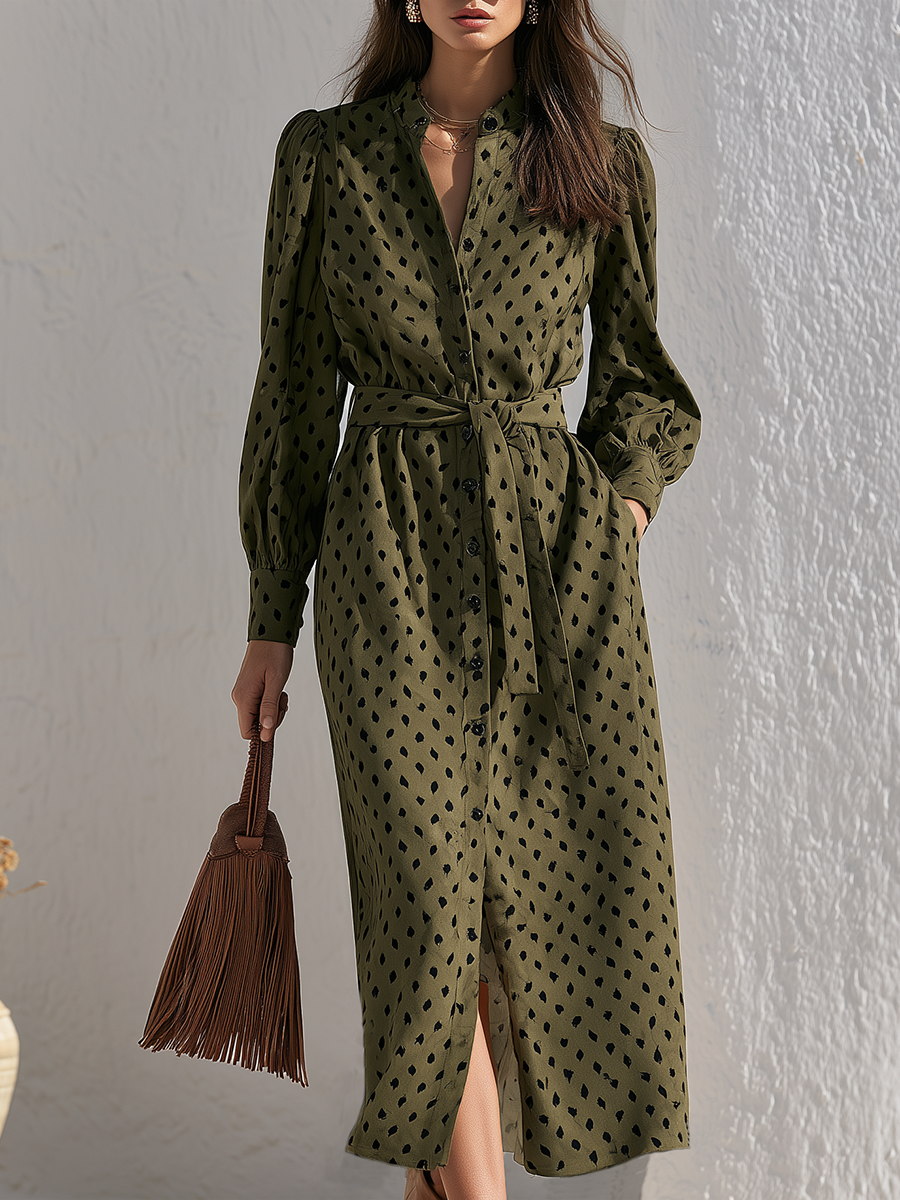 Olive Green Faux Suede Leaf Print Button-Down Puff Sleeve Tie-Waist Front Slit Retro Shirt Holiday Midi Dress