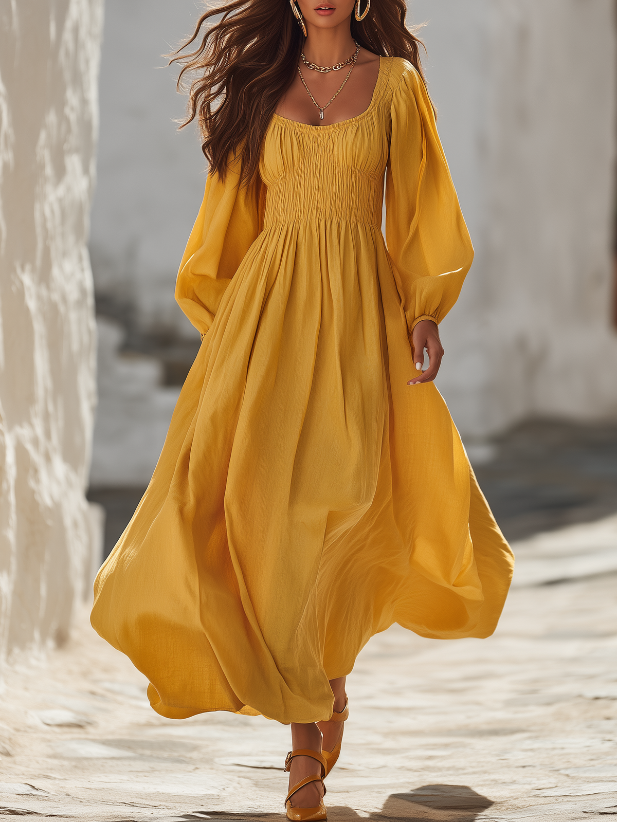 Vacation Minimalist Solid Color Square Neck Cotton Linen Maxi Dress