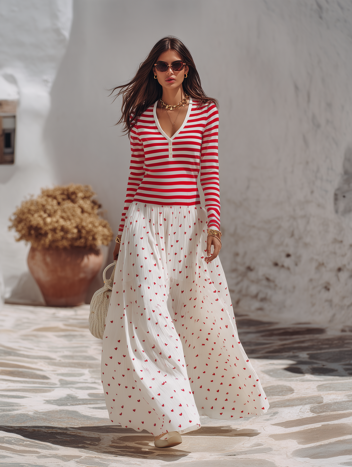 Vacation-style Striped Long-sleeve V-neck Top And Heart-print Chiffon Skirt Set
