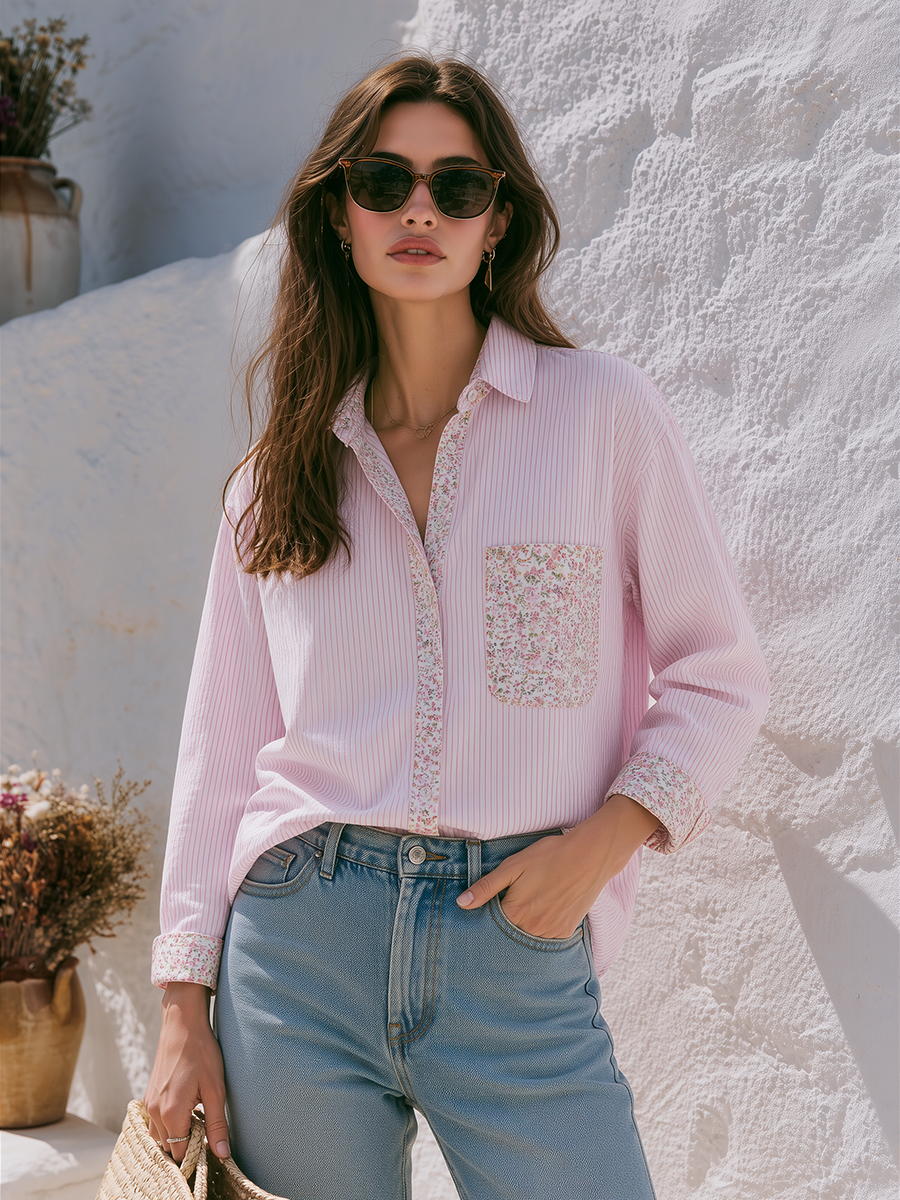 Pink Vertical Stripe Ditsy Floral Patchwork Chest Pocket Contrast Placket Button Down Long Sleeve Shirt
