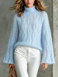 Chic Elegant Light Blue Turtleneck Long-Flare-Sleeve Loose-Fit Mohair Blend Cable-Knit Sweater Top