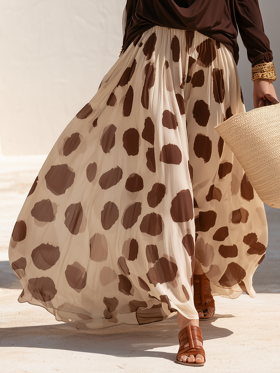 Beach Vacation Cowl-Neck Long-Sleeve Top And Unique Polka-Dot Chiffon Wide-Leg Pants Set