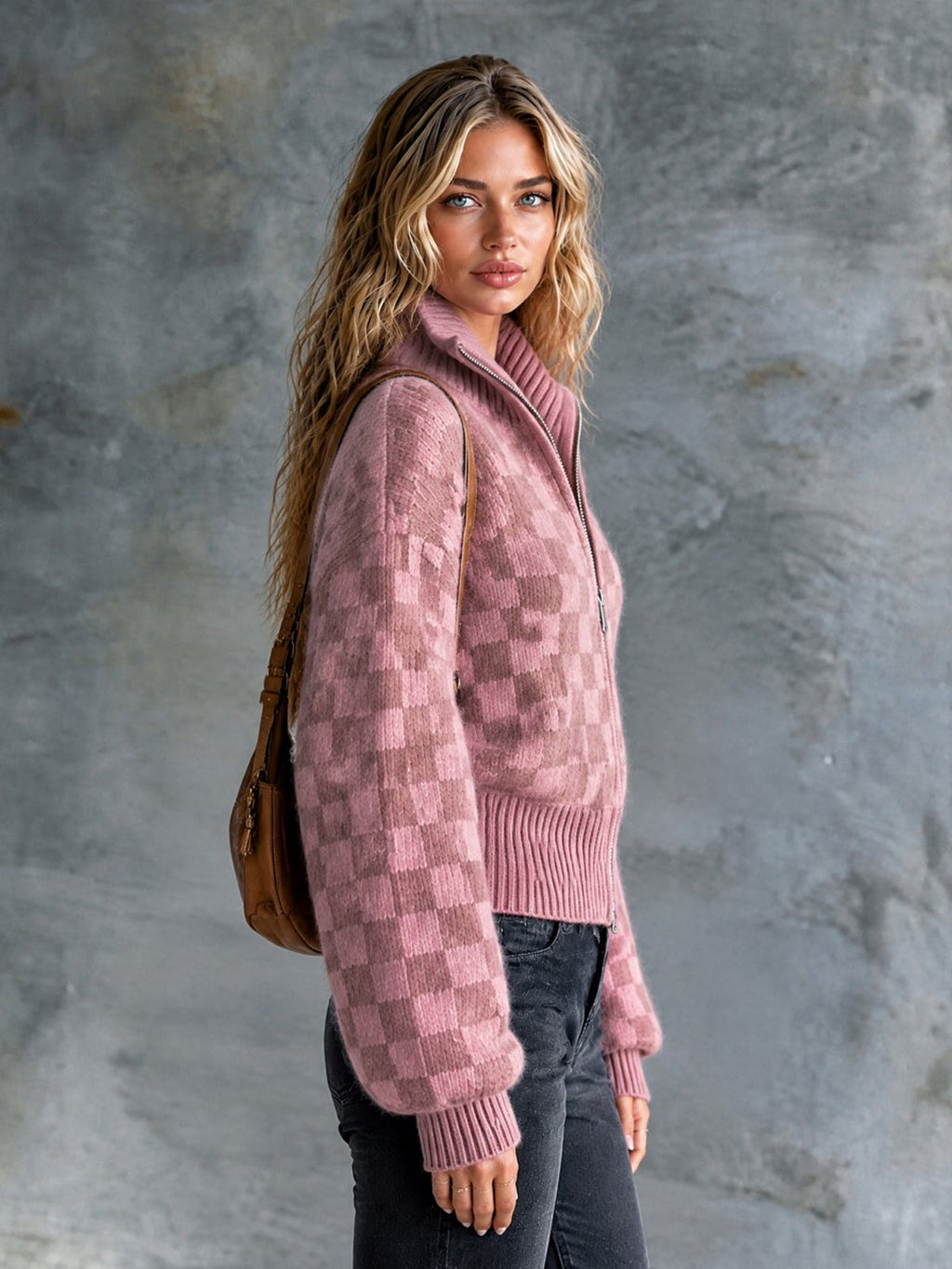 Chic Casual Pink Checkerboard Jacquard Stand-Collar Zipper-Front Long-Sleeve Loose-Fit Mohair Blend Knit Cardigan