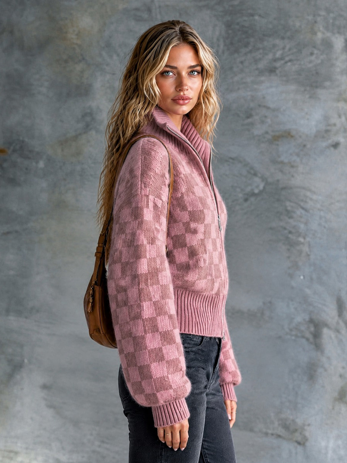 Chic Casual Pink Checkerboard Jacquard Stand-Collar Zipper-Front Long-Sleeve Loose-Fit Mohair Blend Knit Cardigan