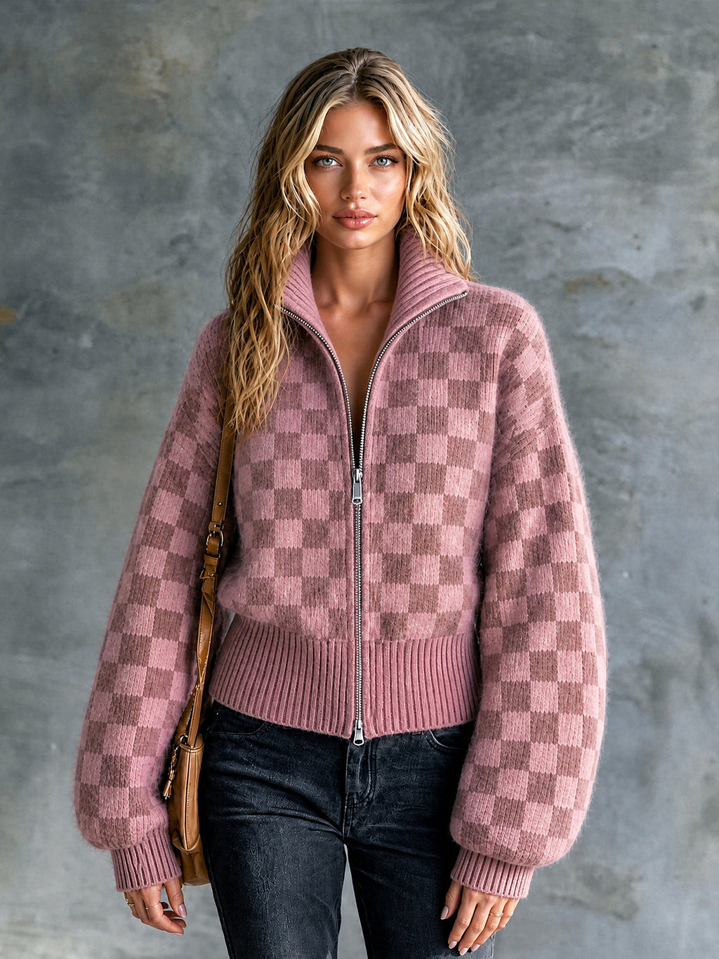 Chic Casual Pink Checkerboard Jacquard Stand-Collar Zipper-Front Long-Sleeve Loose-Fit Mohair Blend Knit Cardigan