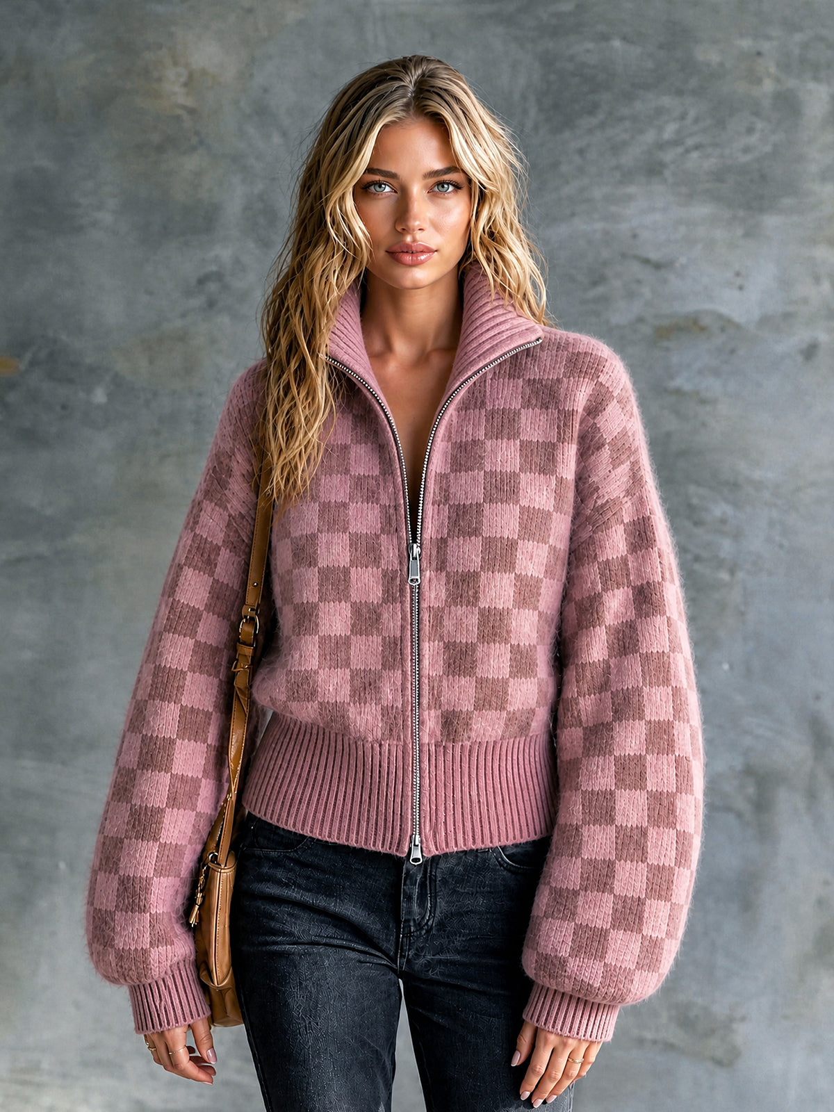 Chic Casual Pink Checkerboard Jacquard Stand-Collar Zipper-Front Long-Sleeve Loose-Fit Mohair Blend Knit Cardigan
