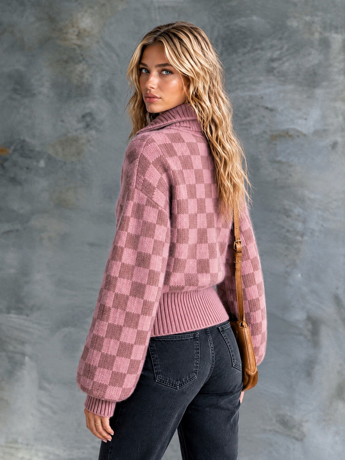 Chic Casual Pink Checkerboard Jacquard Stand-Collar Zipper-Front Long-Sleeve Loose-Fit Mohair Blend Knit Cardigan