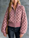 Chic Casual Pink Checkerboard Jacquard Stand-Collar Zipper-Front Long-Sleeve Loose-Fit Mohair Blend Knit Cardigan