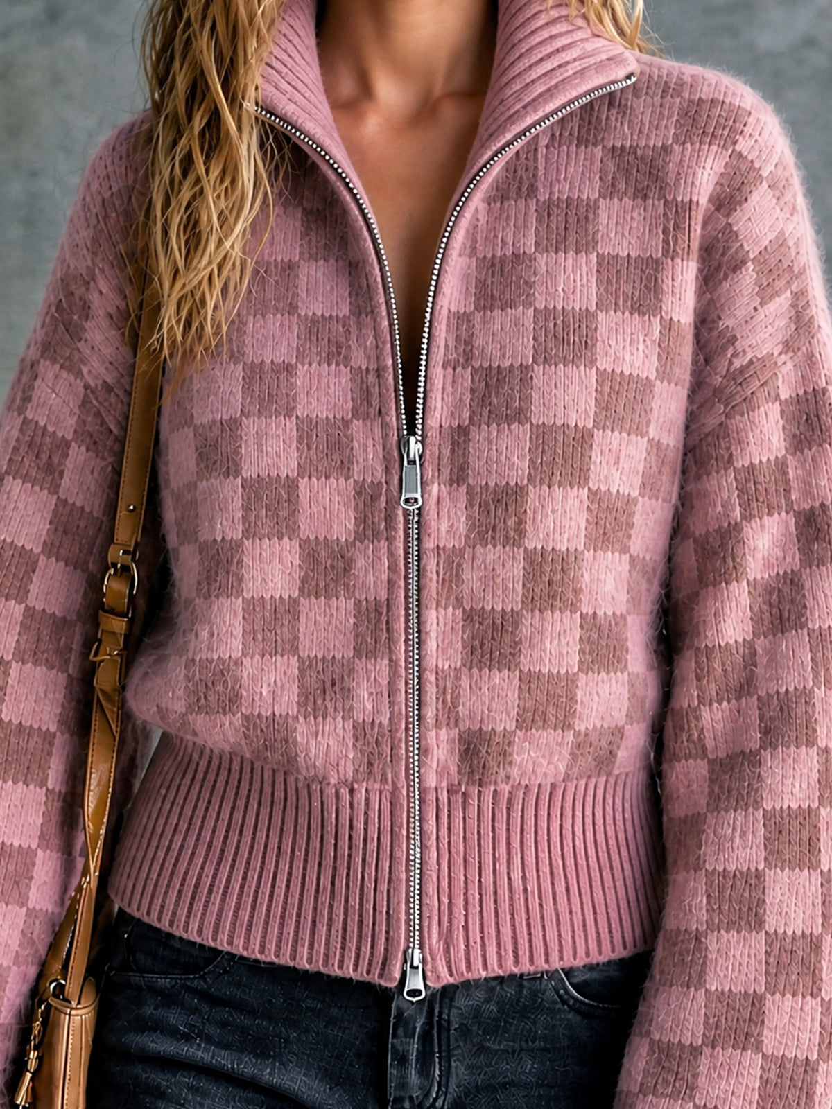 Chic Casual Pink Checkerboard Jacquard Stand-Collar Zipper-Front Long-Sleeve Loose-Fit Mohair Blend Knit Cardigan