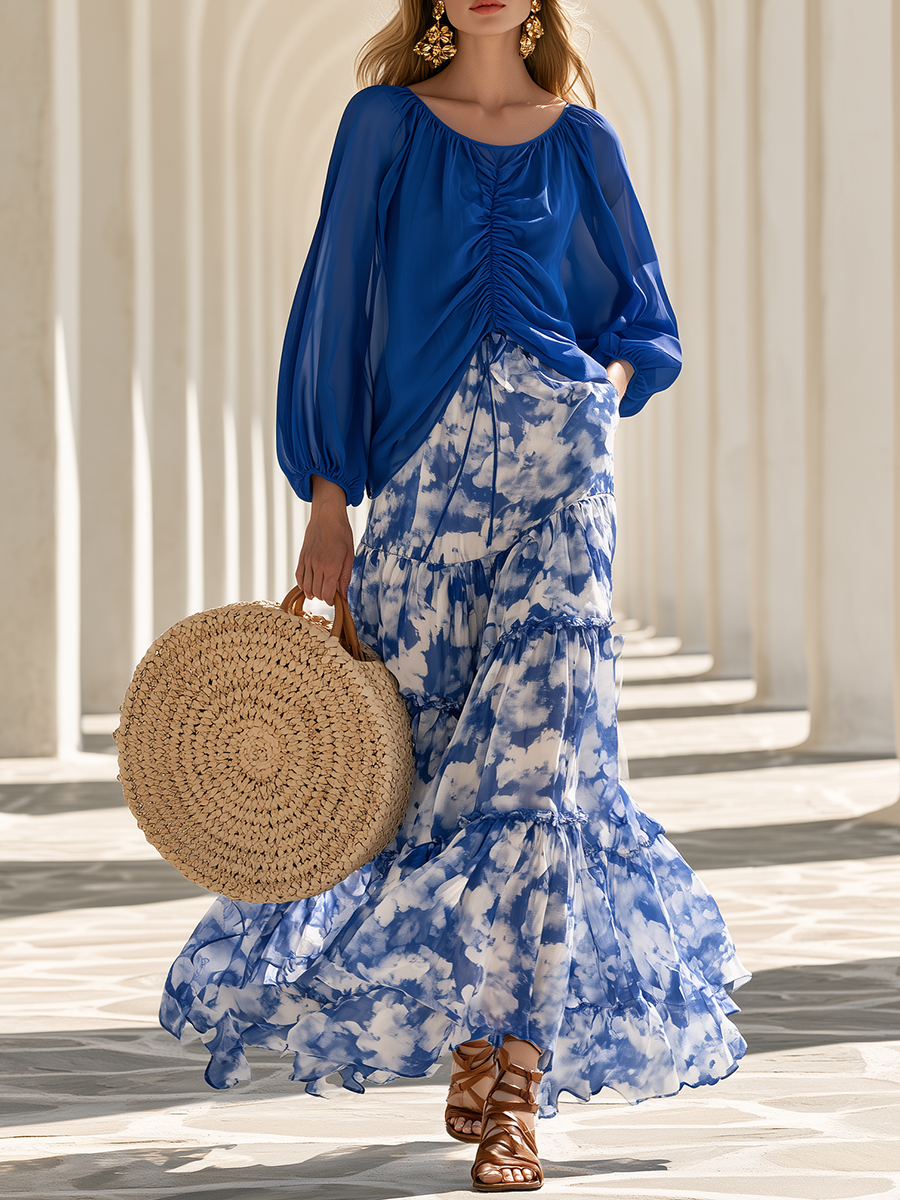 Beach Vacation Royal Blue Crew-neck Top And A Ruffled Cloud Printed Skirt Chiffon Set