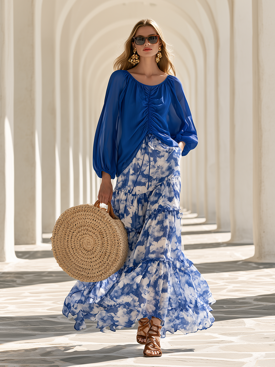 Beach Vacation Royal Blue Crew-neck Top And A Ruffled Cloud Printed Skirt Chiffon Set