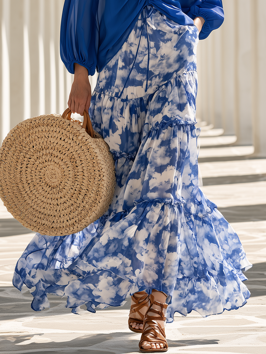 Beach Vacation Royal Blue Crew-neck Top And A Ruffled Cloud Printed Skirt Chiffon Set