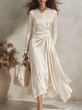 Resort-style Round Neck Long-sleeved Pleated Solid Color Midi Dress