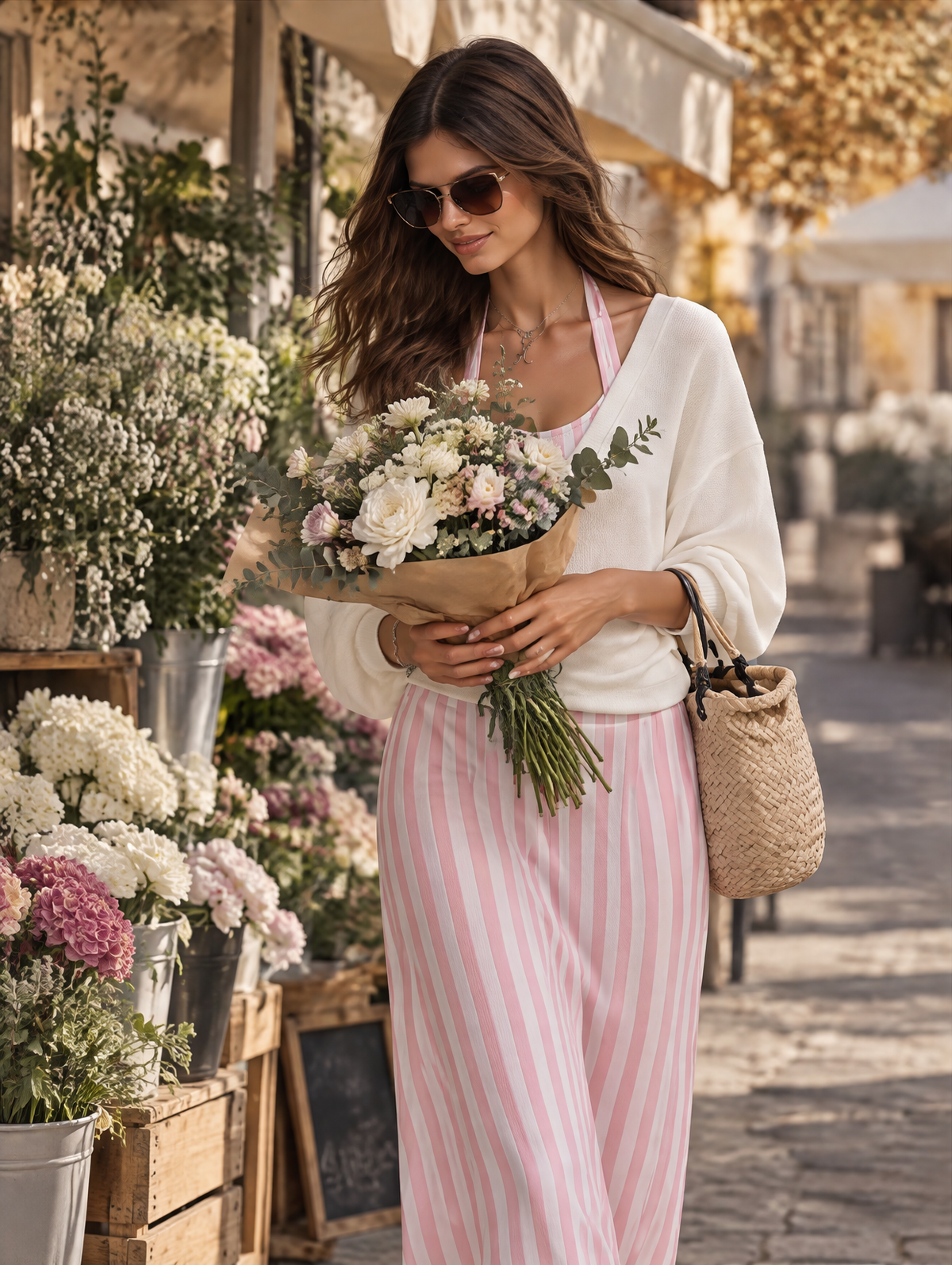 Resort-style Long-sleeve Cover-up And Striped Maxi Skirt Set