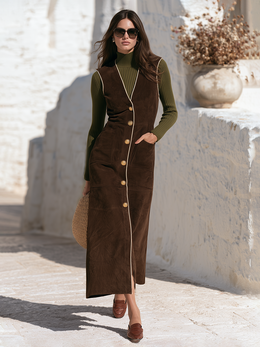 Old-Money Espresso Faux Suede Contrast-Piping Gold-Button V-Neck Longline Vest