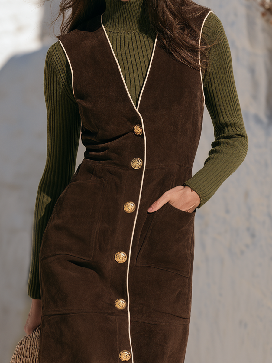 Old-Money Espresso Faux Suede Contrast-Piping Gold-Button V-Neck Longline Vest