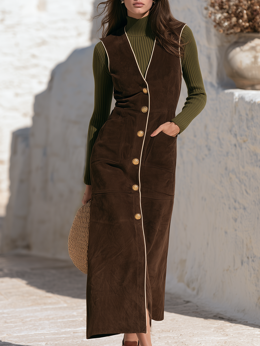Old-Money Espresso Faux Suede Contrast-Piping Gold-Button V-Neck Longline Vest