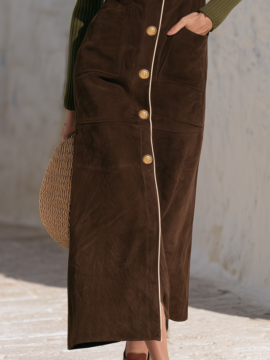 Old-Money Espresso Faux Suede Contrast-Piping Gold-Button V-Neck Longline Vest