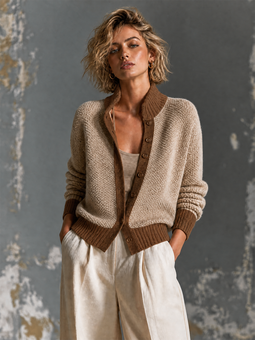 Chic Casual Oatmeal Stand Collar Contrast Trim Long-Sleeve Single-Breasted Loose-Fit Chunky Knit Cardigan