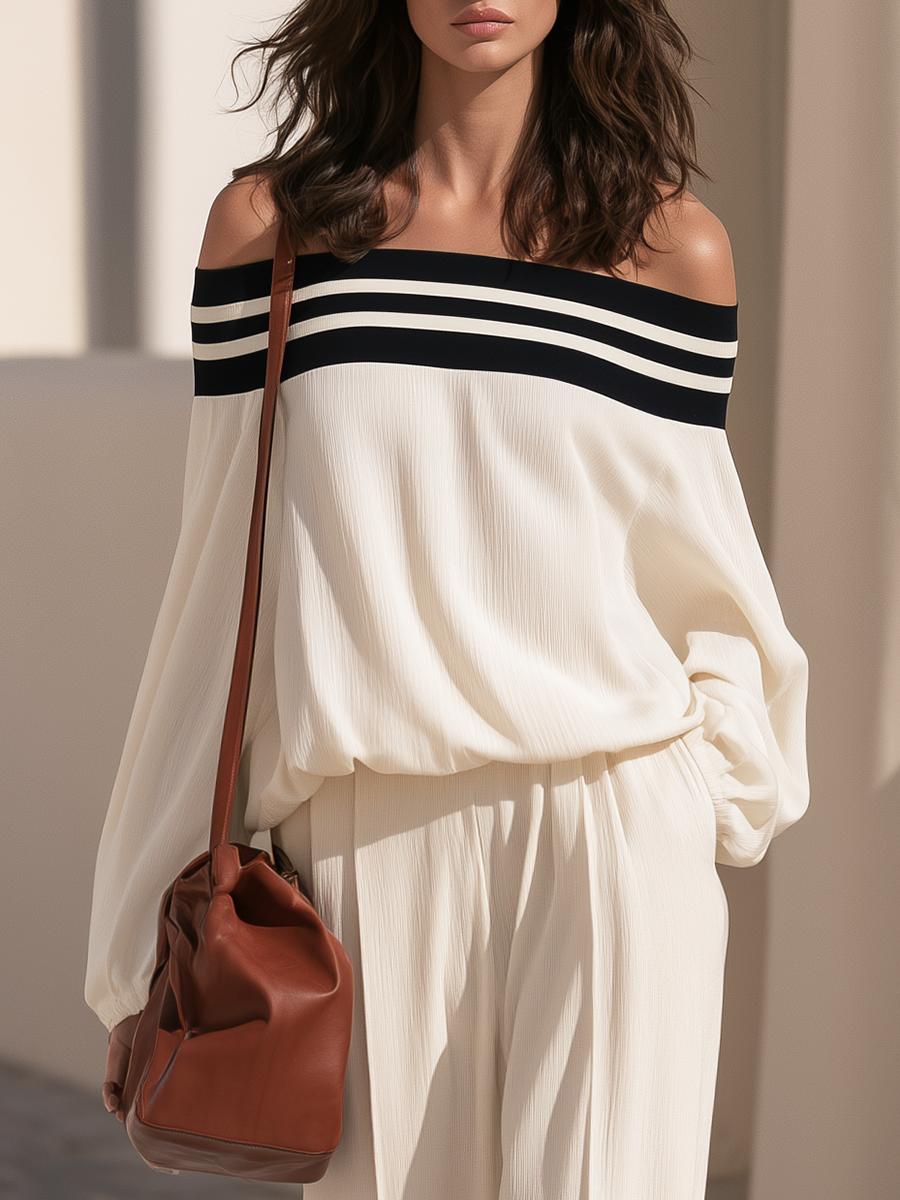 Vacation-style Black And White Striped Off-shoulder Top And Wide-leg Pants Set