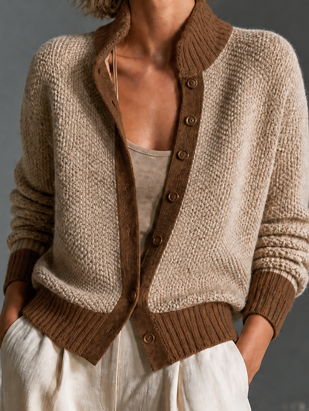 Chic Casual Oatmeal Stand Collar Contrast Trim Long-Sleeve Single-Breasted Loose-Fit Chunky Knit Cardigan