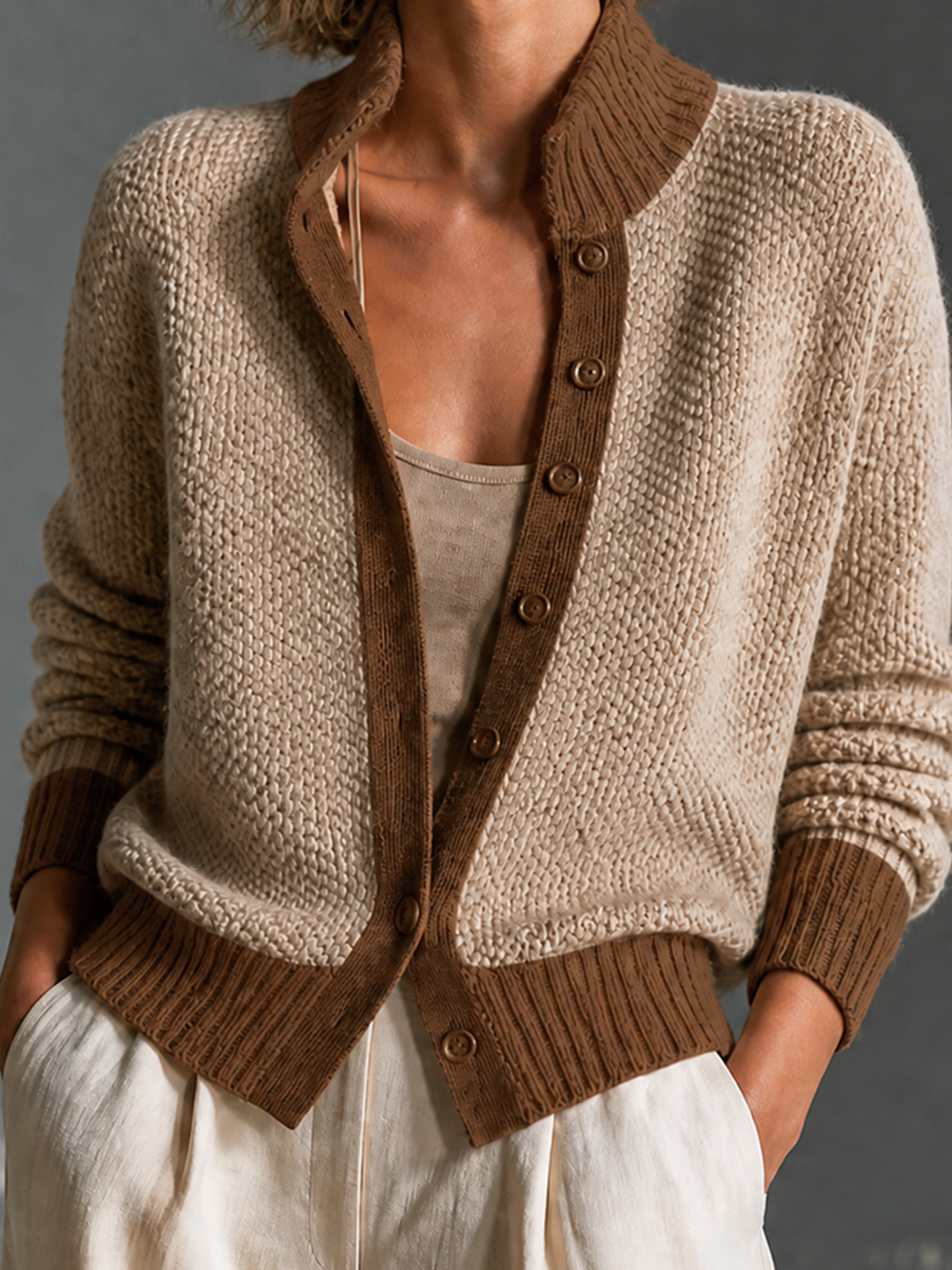 Chic Casual Oatmeal Stand Collar Contrast Trim Long-Sleeve Single-Breasted Loose-Fit Chunky Knit Cardigan