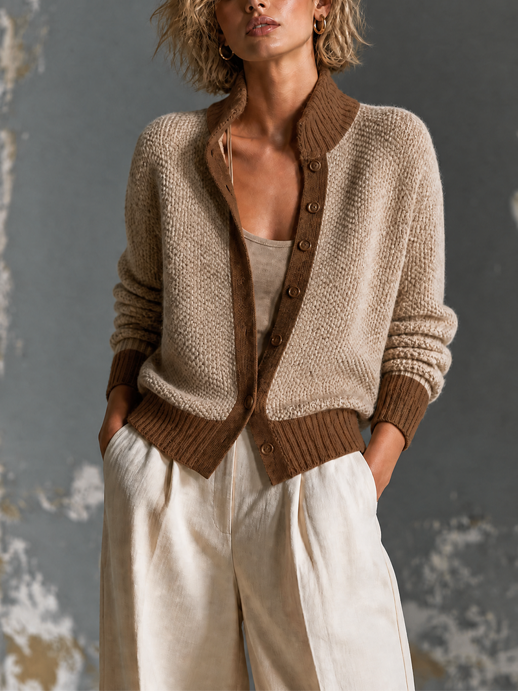 Chic Casual Oatmeal Stand Collar Contrast Trim Long-Sleeve Single-Breasted Loose-Fit Chunky Knit Cardigan
