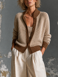 Chic Casual Oatmeal Stand Collar Contrast Trim Long-Sleeve Single-Breasted Loose-Fit Chunky Knit Cardigan