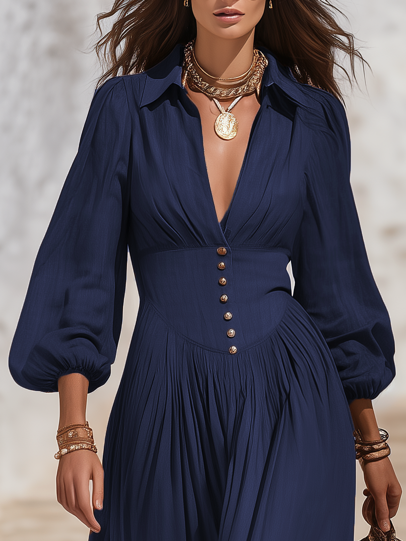 Elegant Solid Color V-neck Lantern Sleeve Maxi Dress