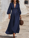 Elegant Solid Color V-neck Lantern Sleeve Maxi Dress