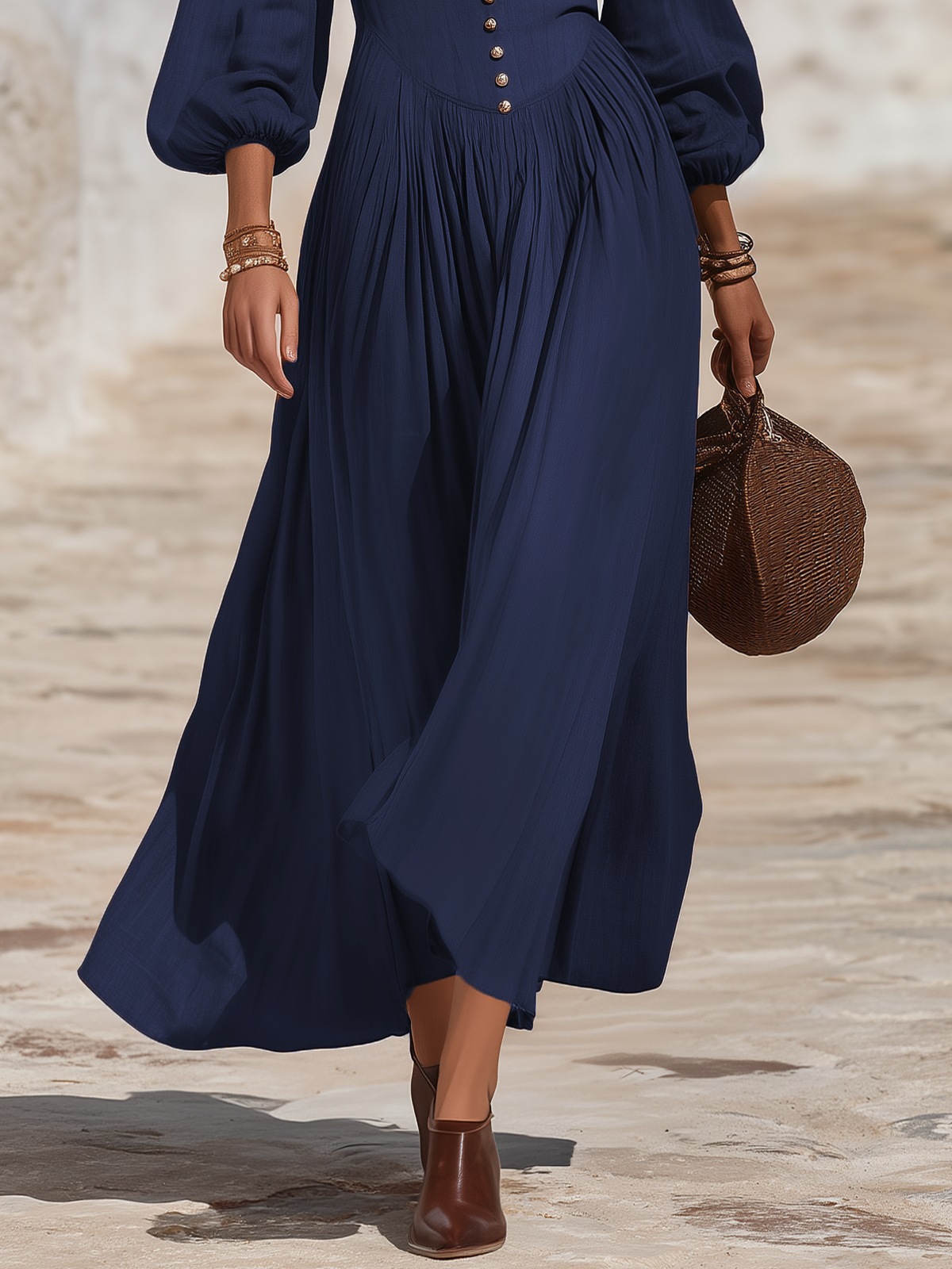 Elegant Solid Color V-neck Lantern Sleeve Maxi Dress