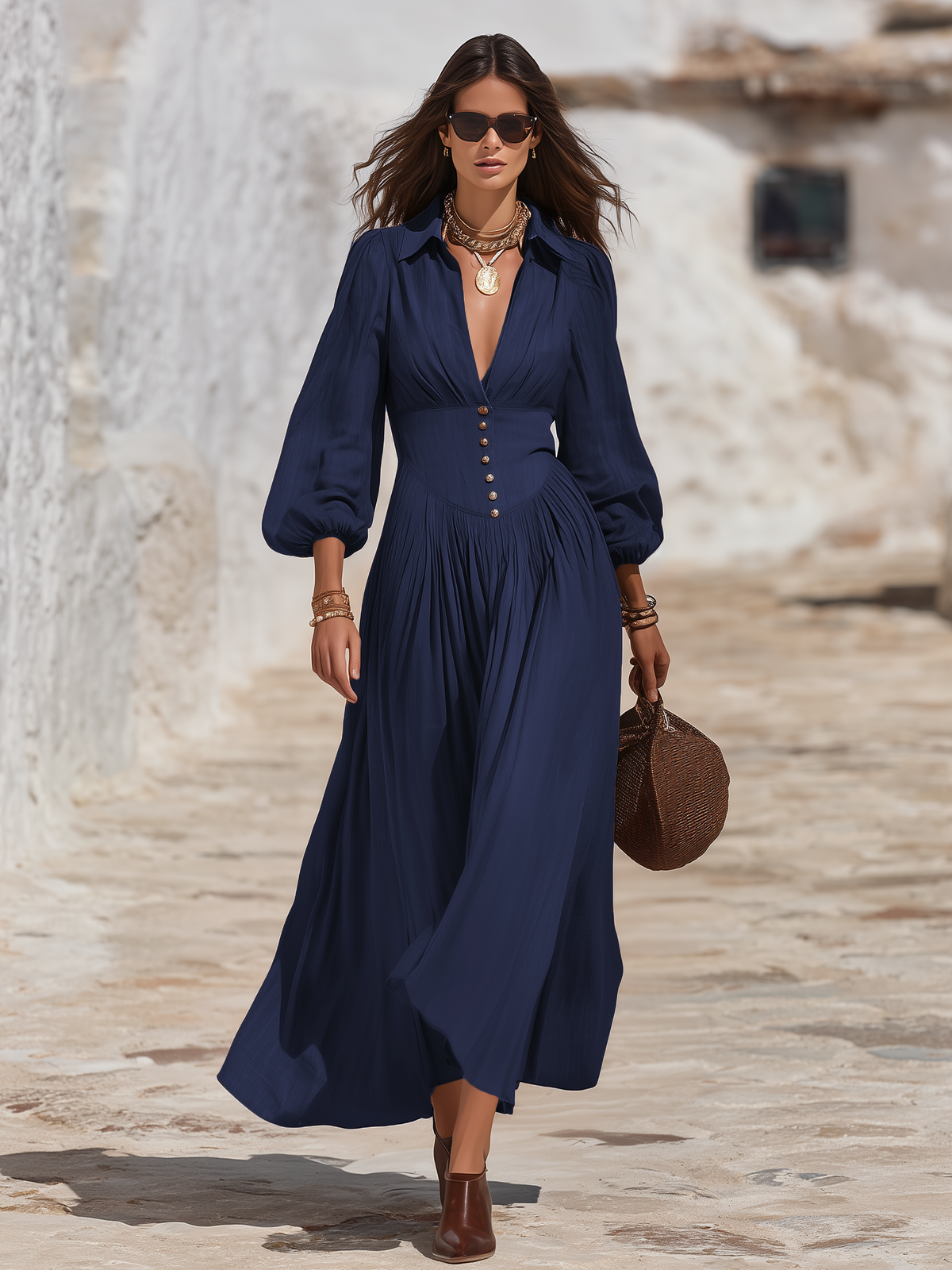 Elegant Solid Color V-neck Lantern Sleeve Maxi Dress