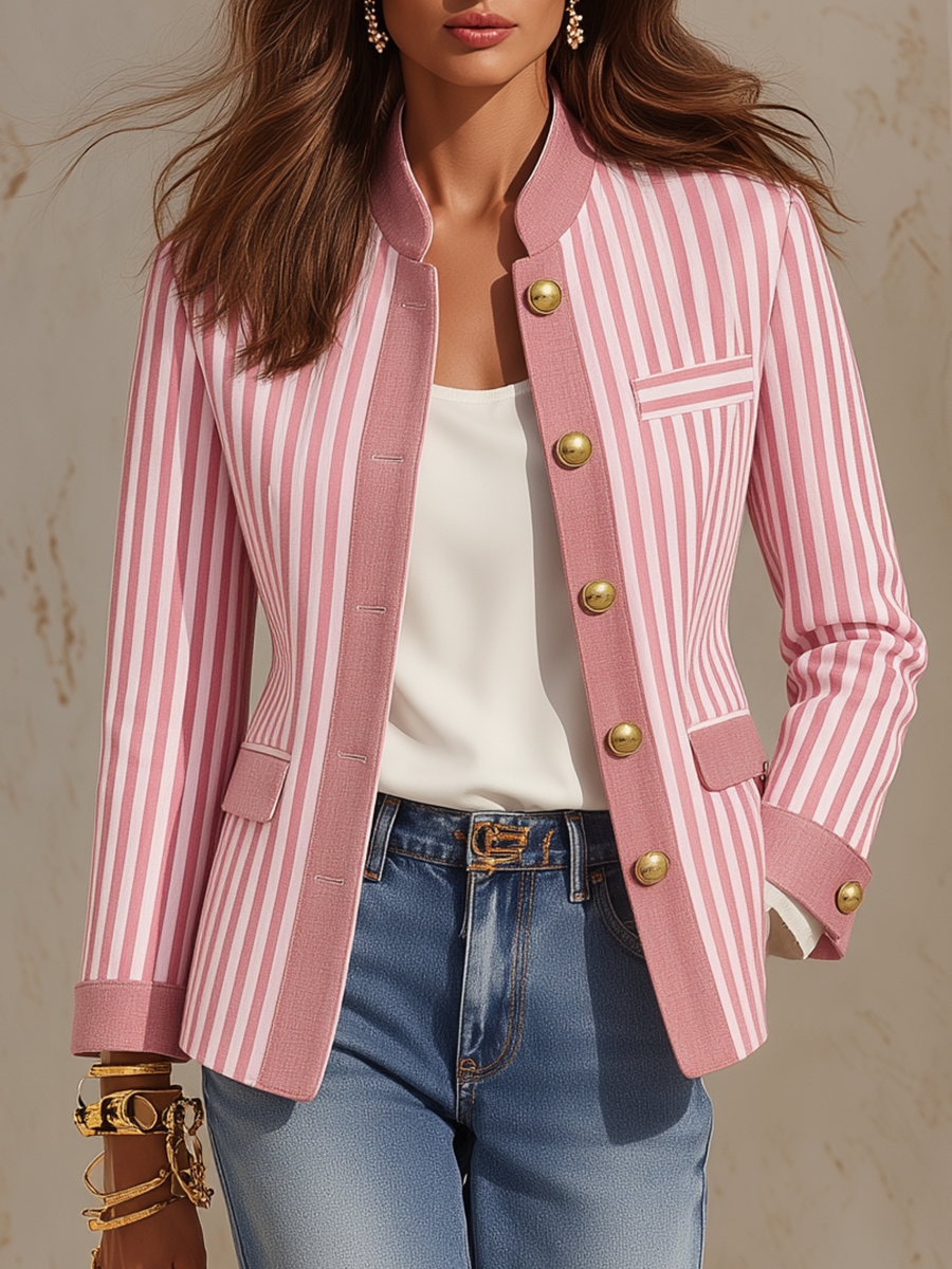 Resort-style Stand-up Collar Striped Long-sleeved Jacket
