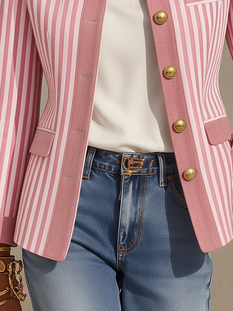 Resort-style Stand-up Collar Striped Long-sleeved Jacket