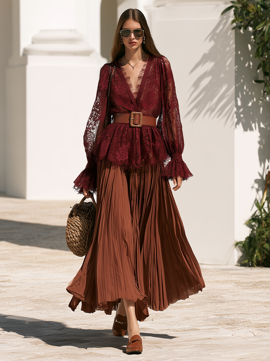 Wine Eyelash Lace Peplum Blouse & Rust Accordion Pleated Chiffon Maxi Skirt Belted Boho Two-Piece Set