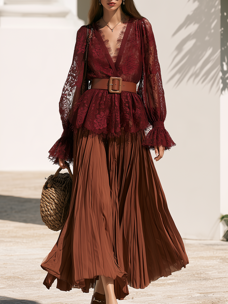 Wine Eyelash Lace Peplum Blouse & Rust Accordion Pleated Chiffon Maxi Skirt Belted Boho Two-Piece Set