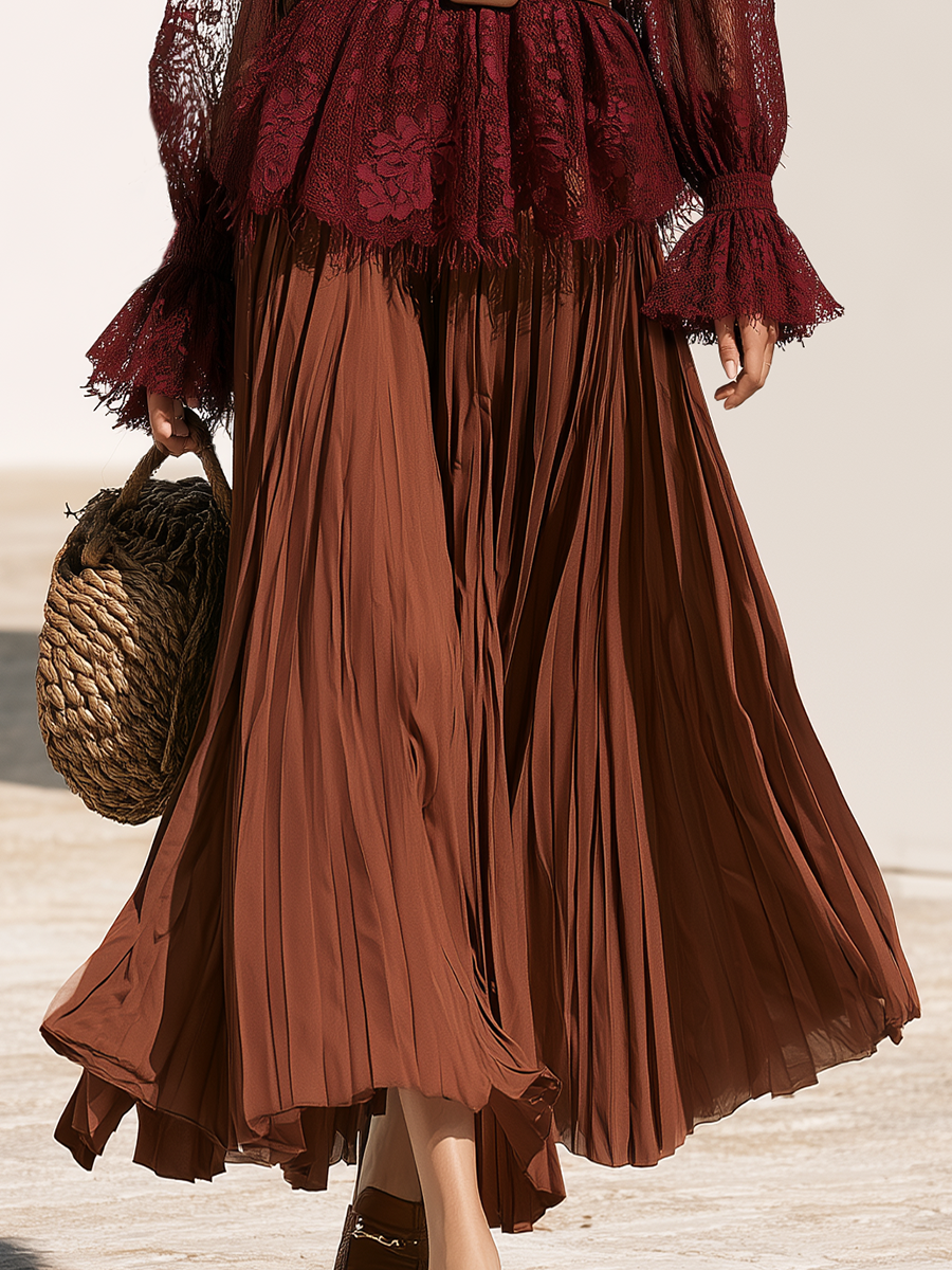 Wine Eyelash Lace Peplum Blouse & Rust Accordion Pleated Chiffon Maxi Skirt Belted Boho Two-Piece Set
